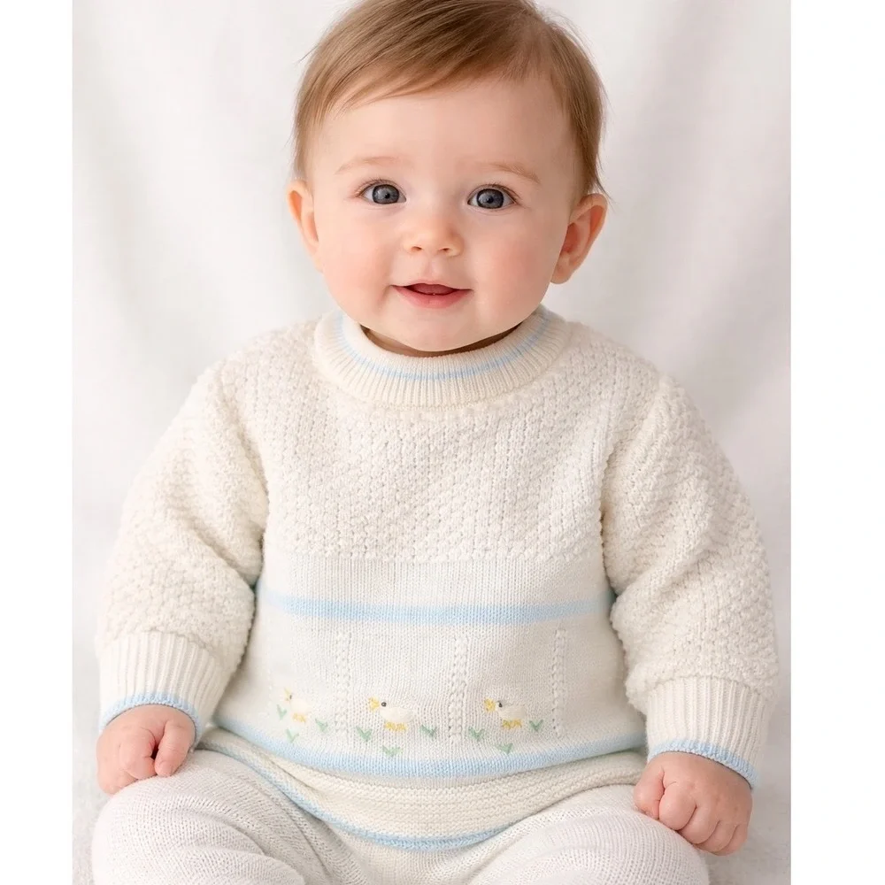 Vintage Zia Flora Italy Knit Sweater Baby 3-6 Months Embroidered Ducks Cute Cozy